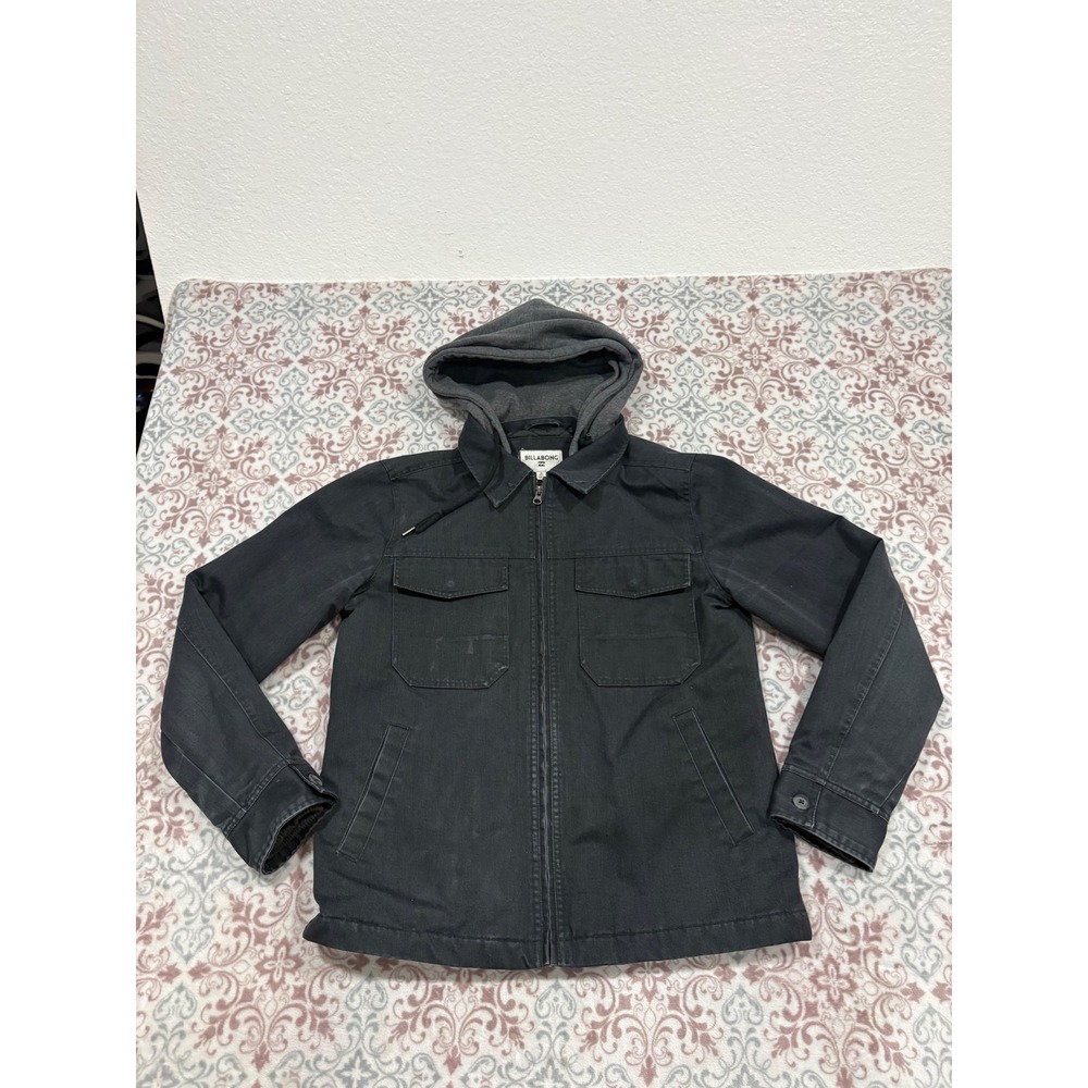 Billabong Mens Hooded Workwear Jacket Faded Black Canvas Quilted Lined Medium